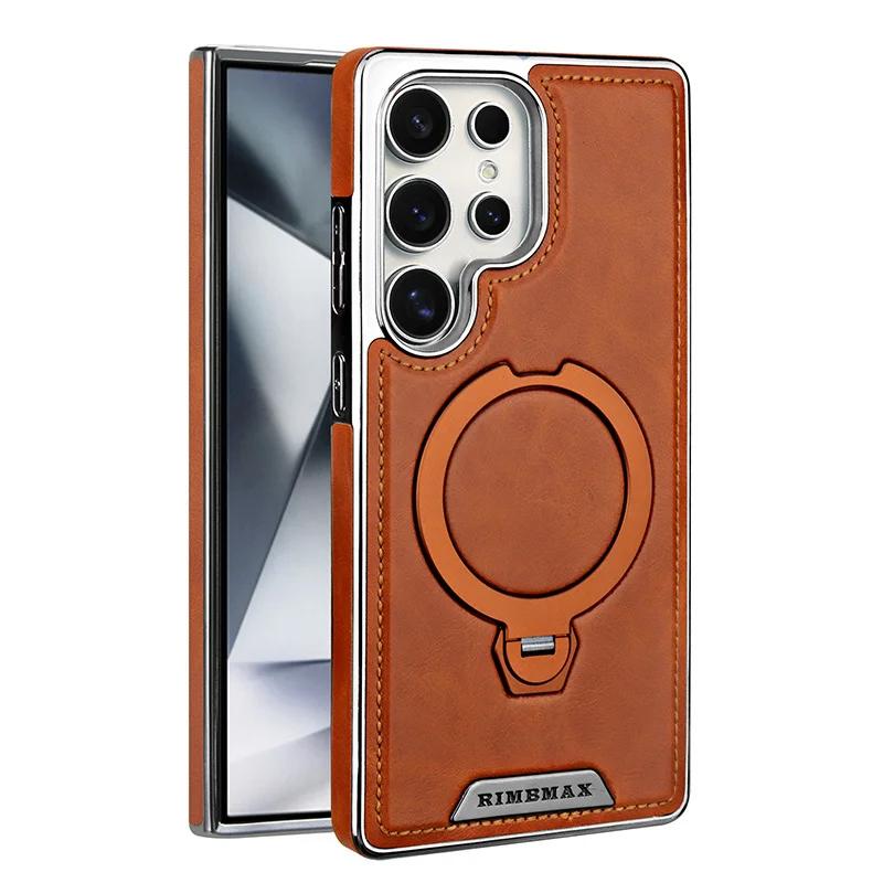 Magnetic Rotating Bracket Luxury Leather Phone Case For Samsung Galaxy S23 S24 S25 Ultra Plus Wireless Charging Shockproof Cover