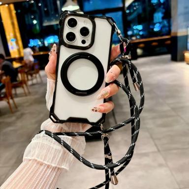 Magnetic Stand Four Corners Strap Case For iPhone 16 Pro Max 15 13 11 12 14 Plus 16E for Magsafe Ring Crossbody Lanyard Cover