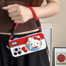 3D Camera Hello Kitty Head Grip Tok Holder Case For iPhone 17 16 15 14 13 12 Pro Max Plus Cartoon Silicone Cover with Lanyard