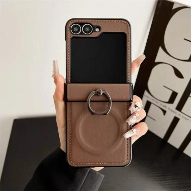 Magnetic Wireless Charging Leather Phone Case for Samsung Galaxy Z Flip 8 7 6 5 4 3 Flip8 Flip7 Ring Hinge Protective Cover