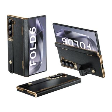 For Samsung Galaxy Z Fold 7 6 5 4 3 5G With Screen Protect Film Hinge Plating Frame Leather Phone Case With Wrist Strap Bracket