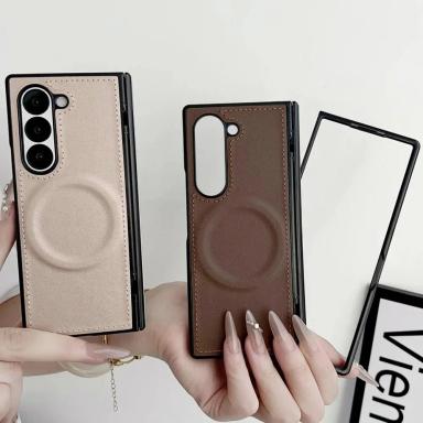 PU Leather Magnetic Case for Samsung Z Fold 7 6 5 4 3 ZFold7 Fold6 Fold5 Fold4 5G For Magsafe Phone Cover with Hinge Protection
