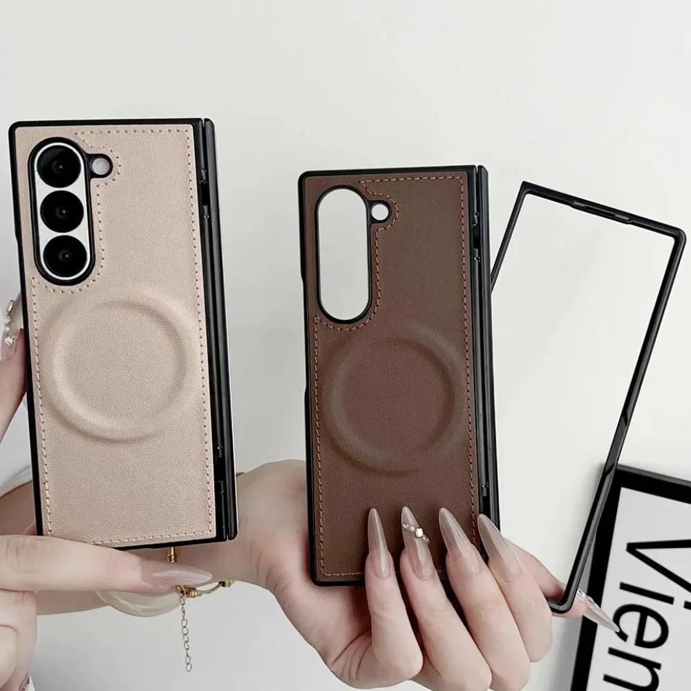 PU Leather Magnetic Case for Samsung Z Fold 7 6 5 4 3 ZFold7 Fold6 Fold5 Fold4 5G For Magsafe Phone Cover with Hinge Protection
