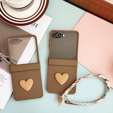 Cute Love Heart Hinge Phone Case For Samsung Galaxy Z Flip 7 6 5 with Screen Glass/Bracelet Anti-Fall Protective Back Cover