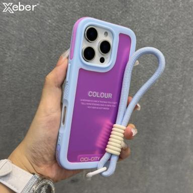 Candy Contrast Color Laser Wrist Strap Case For iPhone 14 15 16 Pro Max Frosted IMD Anti-Loss Cord Lanyard Soft Bumper Cover