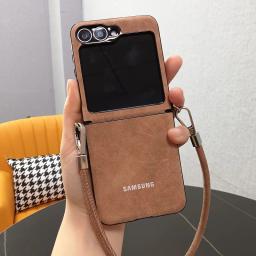 For Samsung Galaxy Z Flip 7 6 5 4 3 Luxury Sheepskin Matte Phone Case With Lanyard Hinge Protective Anti-Scratch Back Cover Caps