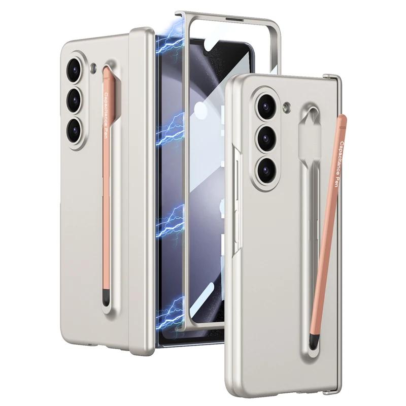 Magnetic Hinge PC Anti-fingerprint Folding Cover with Glass Stylus Pen For Samsung Galaxy Z Fold5 Fold4 Fold3