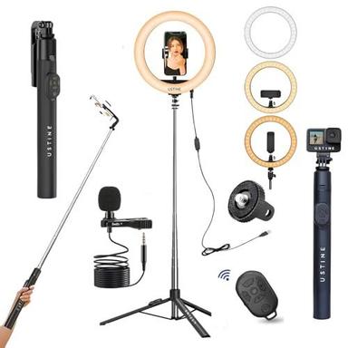 Ustine® Youtuber Kit | 10" Ring Light | Imported Mic | Extra-Long Selfie Stick With Large Reinforced Tripod Stand Upto 67 Inch/170 Cm With, Bt Remote, Fb Videos, Reels, Vlog