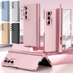 Coque With S Pen Plating Hinge Case For Samsung Galaxy Z Fold 6 5 Full Protection Tempered Glass Kickstand Hard PC Phone Cover