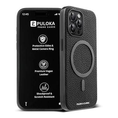 PULOKA Magfit Mobile Back Cover - Compatible with iPhone 15 Pro - Mag-Safe Design - Textured Vegan Leather - Electroplated Sides Bumper Case - Camera Protetection & Raised Edges - Black