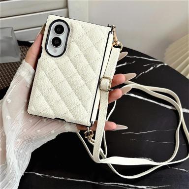 Luxury Leather Case with a Long Crossbody Strap For Samsung Galaxy Z Fold 8 Ultra ZFold8 Plain Grid Hinge Shockproof Back Cover