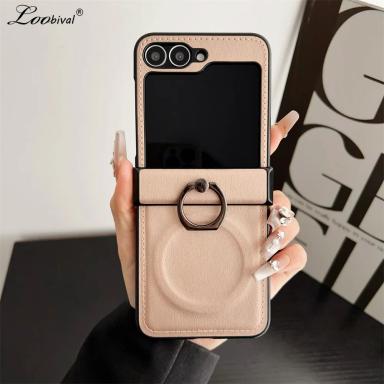 Luxury Leather Bracket Case for Samsung Galaxy Z Flip 6 5 4 3 7 8 ZFlip Magnetic Ring Holder Stand Shockproof Solid Color Cover
