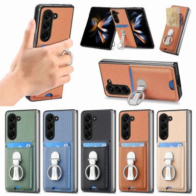 Carbon Fibre Cards Solt Wallet Kickstand Case for Samsung Z FOLD 7 6 5 4 5G Fold5 Finger Ring Holder Bracket Anti-drop Bag Cover