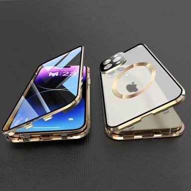 Metal Magnetic Magsafe Case For iPhone 15 16 14 Pro 16E 13 Pro Max Plus Lens Protection Double Sided Glass Snap Lock Clear Cover