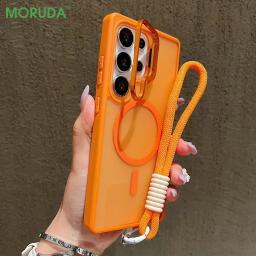 Flip UP Lens Bracket Protection Wrist Lanyard Case for Samsung Galaxy S24 S25 FE S24 S26 Ultra Plus A16 A17 Magnetic Clear Cover