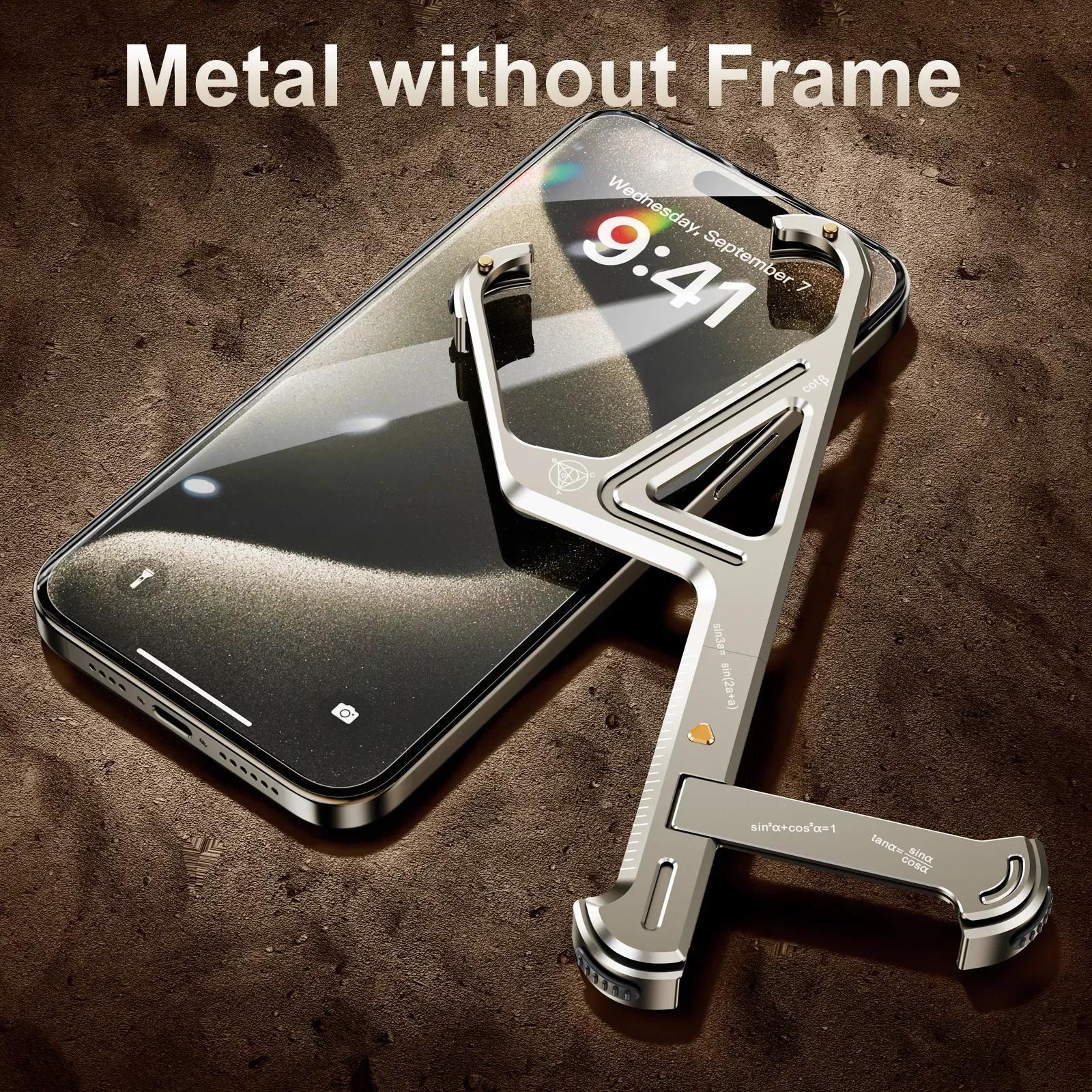 Oatsbasf Aluminum Alloy Metal Frameless Phone Case for iPhone 16/15/14/13 Pro Max with Stand Phone Protective Cover Shockproof