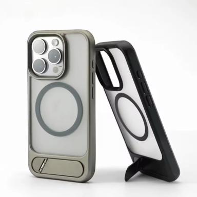 Luxury Metal Stand Clear Magnetic Phone Case For iPhone 16E 11 12 13 14 15 16 Pro Max Plus Bracket Shockproof Protector Cover