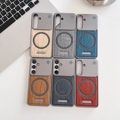 For Magsafe Magnetic Frameless Metal phone Case For Samsung Galaxy S25 S24Plus S23 S22 Ultra Wood Grain Leather Shockproof Cover
