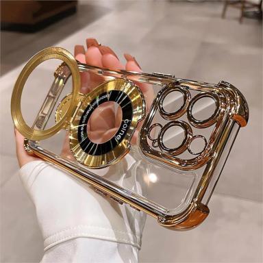 Luxury Plating Magsafe Wireless Charge Case For iPhone 16 15 14 13 12 11 Pro Max Plus Clear Acrylic Magnetic Stand Holder Cover