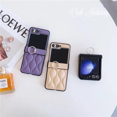 Luxury 3D Wave Pattern Ring Phone Holder Leather Case Cover for Samsung Galaxy Z Flip 5 Z Flip 4 Z Flip 3 5G Folding Back Cover