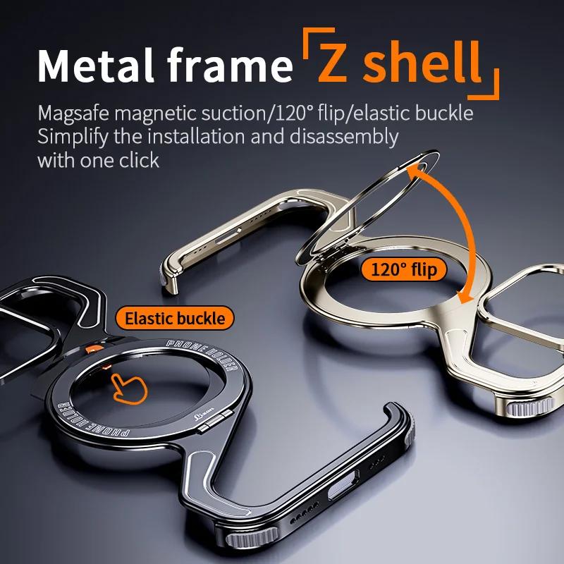 Metal Z Shape Magnetic Stand Case for iPhone 17 15 14 16 Pro Max 17Pro Aluminum Alloy Shell Removable Snap Rimless MagSafe Cover