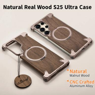 Oatsbasf Wood Phone Case for Samsung Galaxy S25 S24 Ultra with 360° Rotatable Stand Wireless Charging Wooden Protective Cover