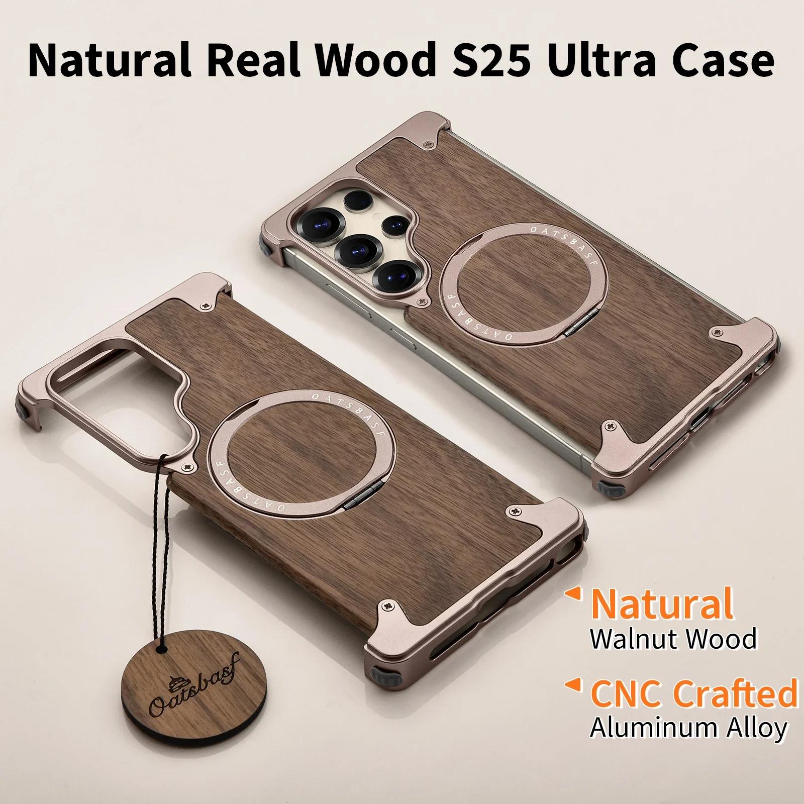 Oatsbasf Wood Phone Case for Samsung Galaxy S25 S24 Ultra with 360° Rotatable Stand Wireless Charging Wooden Protective Cover