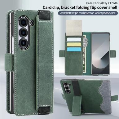 PU Leather Flip Wallet Phone Case for Galaxy Z Fold 7/6/5 with RFID Blocking Feature And Adjustable Wristband Kickstand Holder