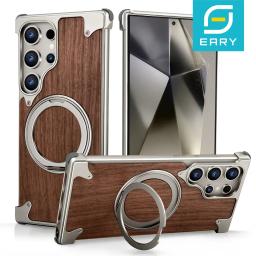 Eary Solid Wood Phone Case for Samsung Galaxy S25 S24 Ultra for Magsafe 360° Rotation Kickstand Frameless Protective Shells