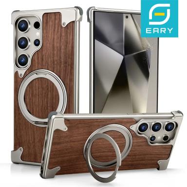 Eary Solid Wood Phone Case for Samsung Galaxy S25 S24 Ultra for Magsafe 360° Rotation Kickstand Frameless Protective Shells