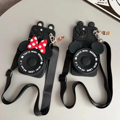 For iPhone 17pro max16 15 14 13 12 11 XR Xs 8 7 6 Pro Max mini Plus17Air Minnie Mickey with Pendant Wallet Lanyard Phone Case