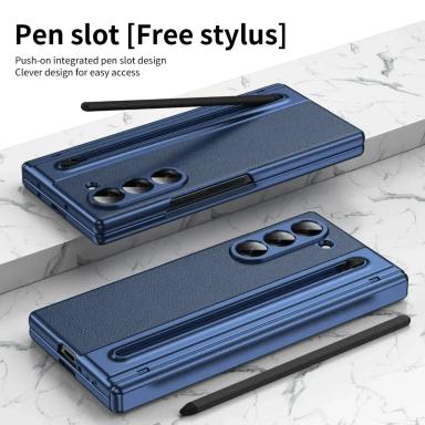 Leather with Steel Film Pen Slot Pen Phone Case for Samsung Galaxy Z Fold 7 6 5 4 Fold7 Fold6 Hinge Protection Shockproof Cover