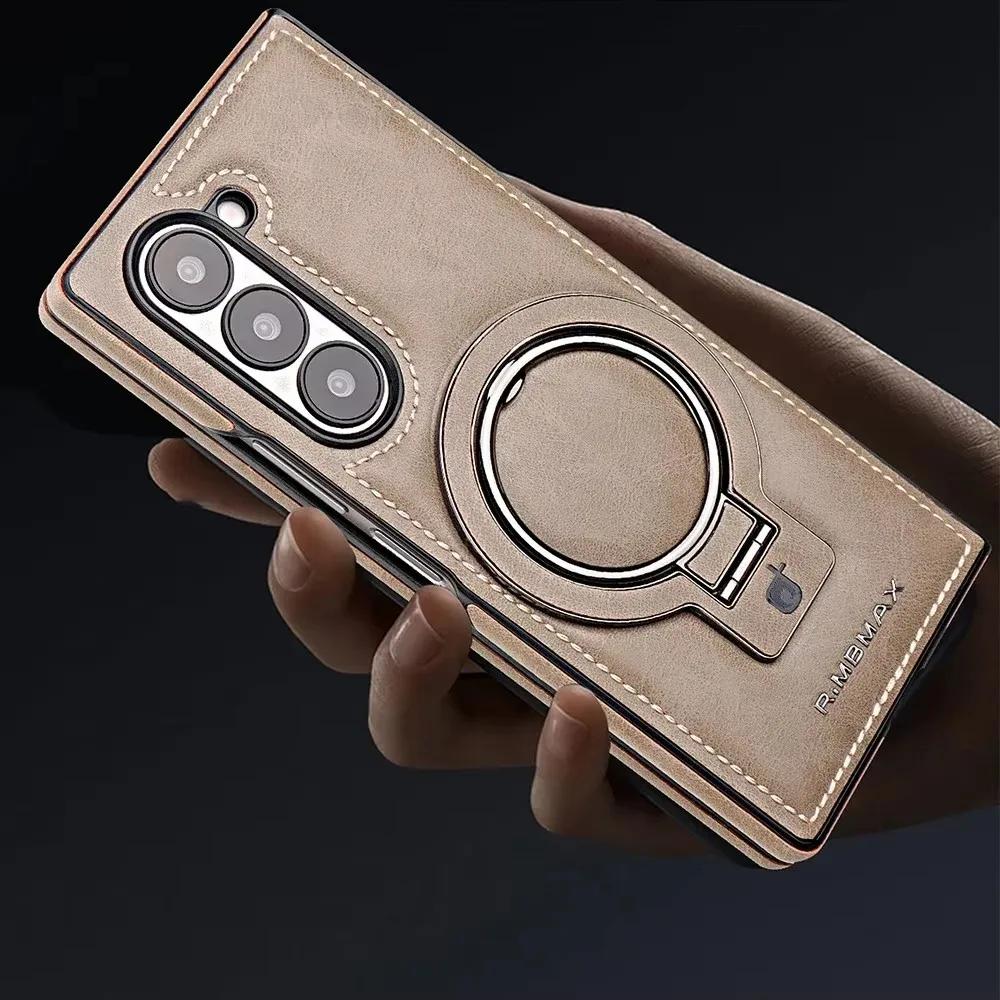 Luxury Magnetic Ring Holder Z Fold6 Leather Case For Samsung Galaxy Z Fold 4 5 6 Wireless Charging Shockproof Protective Cover