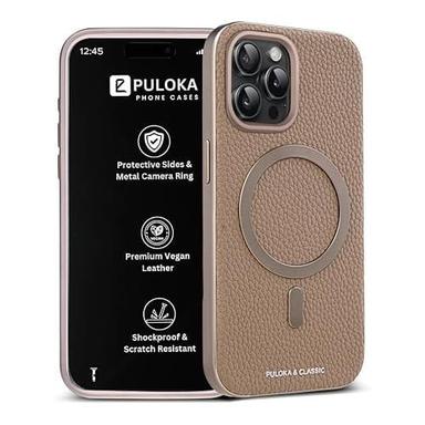 PULOKA Magfit Mobile Back Cover - Compatible with iPhone 15 PRO - Mag-Safe Design - Textured Vegan Leather - Electroplated Sides Bumper Case - Camera Protetection & Raised Edges - Apricot
