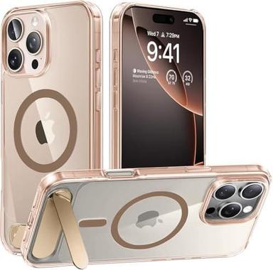 Elzzi Magnetic Stand for iPhone 16 Pro Max Case Premium Invisible Stand [Military Drop Protection][Compatible with Mag-Safe] Non Yellowing Camera Protection TPU+PC for Men & Women (Desert Titanium)