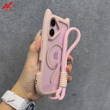 Cute Cat Ear Magsafe Case for iPhone 13 14 15 16 17 Pro Max 11 12 15 16 Plus 17 Air Transparent PC TPU Armor Wrist Strap Cover