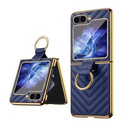 VIETAO Finger Ring Holder Phone Case For Galaxy Z Flip 7 6 5 4 3, Plating PU Leather Z Flip 6 Phone Cover With Screen Protector
