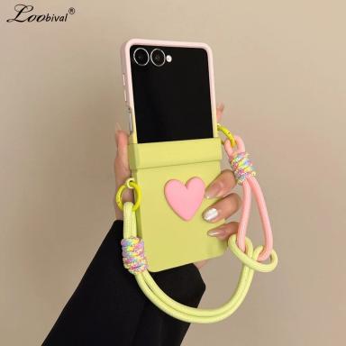 Luxury Double Color Contrast Lanyard Case for Samsung Galaxy Z Flip 8 7 ZFlip 6 5 4 3 Love Heart Wrist Strap Shockproof Cover