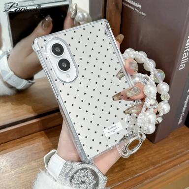 Luxury Mirror Polka Dot Bracelet Case for Samsung Galaxy Z Fold 8 Ultra 6 7 fold8 Wave Point Pearl Wrist Chain Shockproof Cover