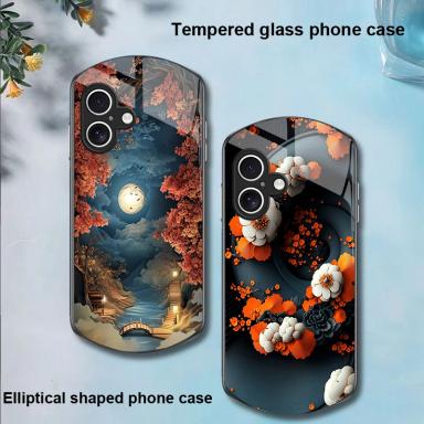 Golden Leaf Black For Apple IPhone 16 11 13 15 14 Pro Max 12 Mini 7 8 Plus XR X XS Elliptical Shaped Tempered Glass Phone Case