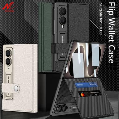 Book Flip Leather Credit Cards Pocket Case for Samsung Galaxy Z Fold 8 Fold8 Solid Color Wallet Tempered Glass Flim Back Cover