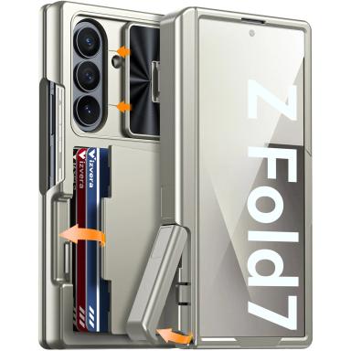 for Samsung Galaxy Fold 7 Phone Case,with RFID Cards Holder,Hidden bracket,Camera Cover,Shockproof Silicone Wallet Case-Titanium