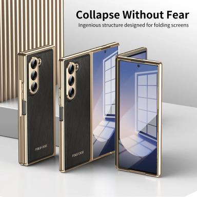 For Samsung Galaxy Z Fold 7 6 5 4 3 Case Leather Light Texture Gold Wire Plating Hinge 360 Full Screen Protector Folding Cover