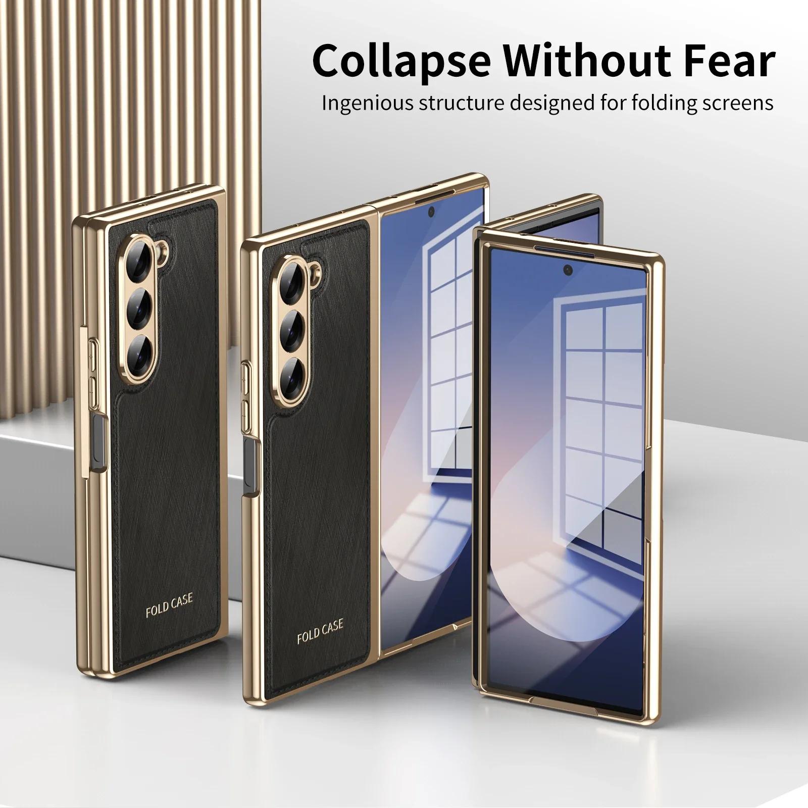 For Samsung Galaxy Z Fold 7 6 5 4 3 Case Leather Light Texture Gold Wire Plating Hinge 360 Full Screen Protector Folding Cover
