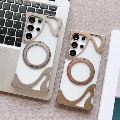 Aluminum Metal Frameless Shockproof Magnetic Phone Case For Samsung Galaxy S25 S24 S23 Ultra 360 Bracket Transparent PC Case