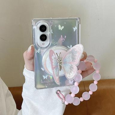 Korean Laser Butterfly Cute Magnetic Phone Case For Samsung Galaxy Z Fold 8 Fold8 Cover with Stand Grip Holder Cases For Magsafe