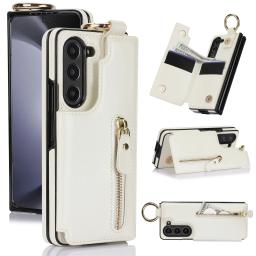 Folding Card Bag Finger Ring Leather Stand Case for Samsung Galaxy Z Fold 3 4 5 6 7 5G ZFold6 Zipper Wallet Business Fold7 Cover
