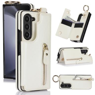 Folding Card Bag Finger Ring Leather Stand Case for Samsung Galaxy Z Fold 3 4 5 6 7 5G ZFold6 Zipper Wallet Business Fold7 Cover