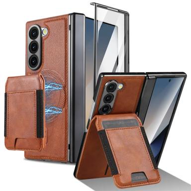 For Samsung Galaxy Z Fold 7 6 5 4 3 Magnetic Leather Hinge Phone Case Screen Protect Film Wallet Cards Holder For Magsafe Cover