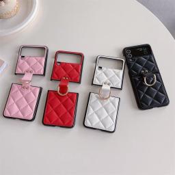 Luxury CC Diamond Checked Cute Finger Rings Hinge Leather Phone Case For Samsung Galaxy Z Flip3 Flip4